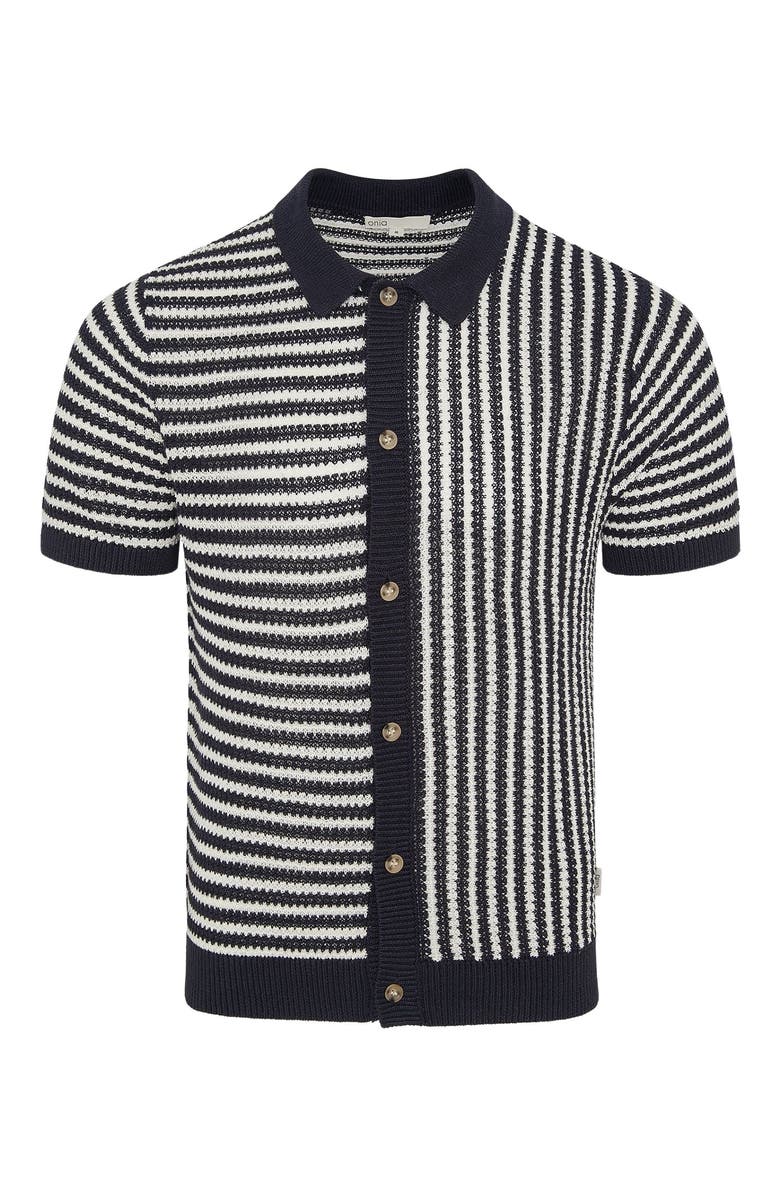 Onia Knit Linen Button Up Short Sleeve, Alternate, color, Midnight/Egret