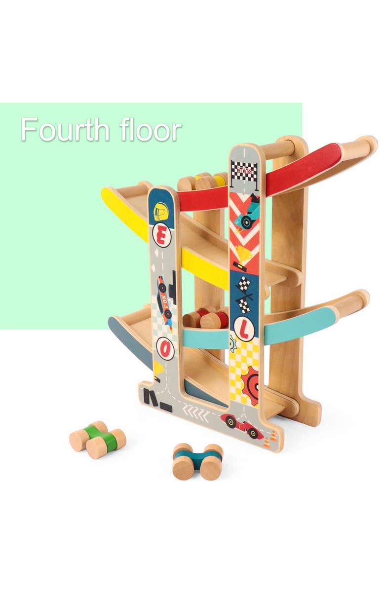 Leo & Friends Wooden Ramp Racer Track with 4 Race Cars Included, Alternate, color, Red