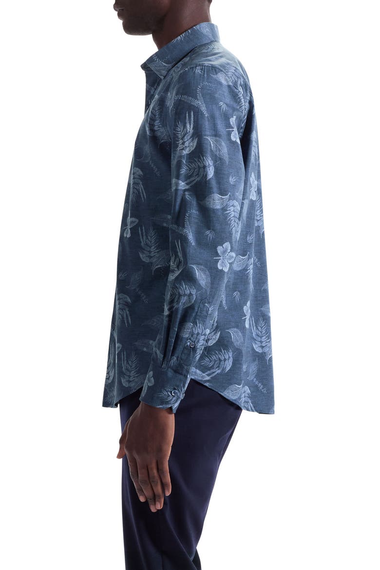Julian Shaped Fit Leaf Print Stretch Cotton Button-Up Shirt, Alternate, color, NAVY
