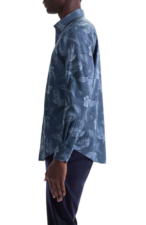 Bugatchi Julian Shaped Fit Leaf Print Stretch Cotton Button-up Shirt In Blue