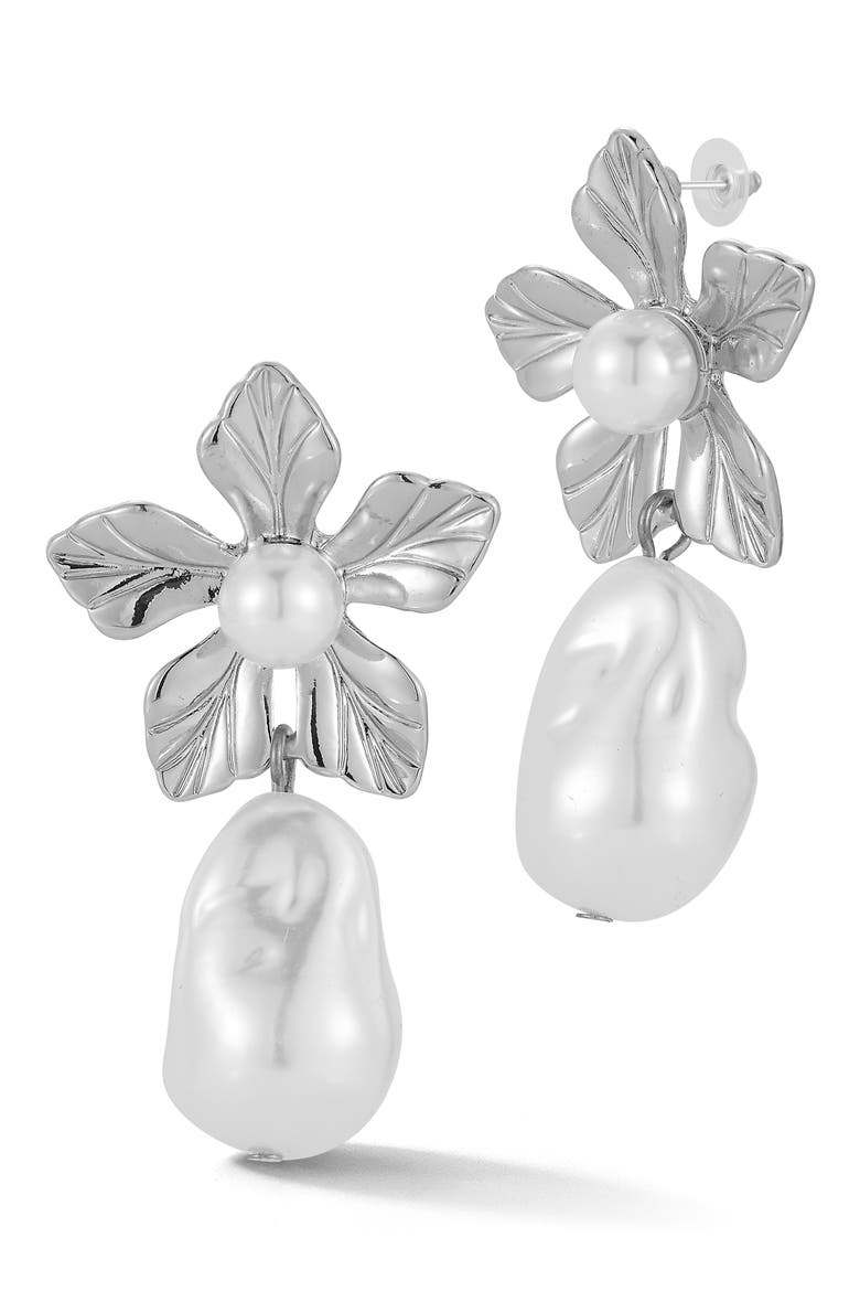Faux Pearl Flower Drop Earrings, Main, color, SILVER