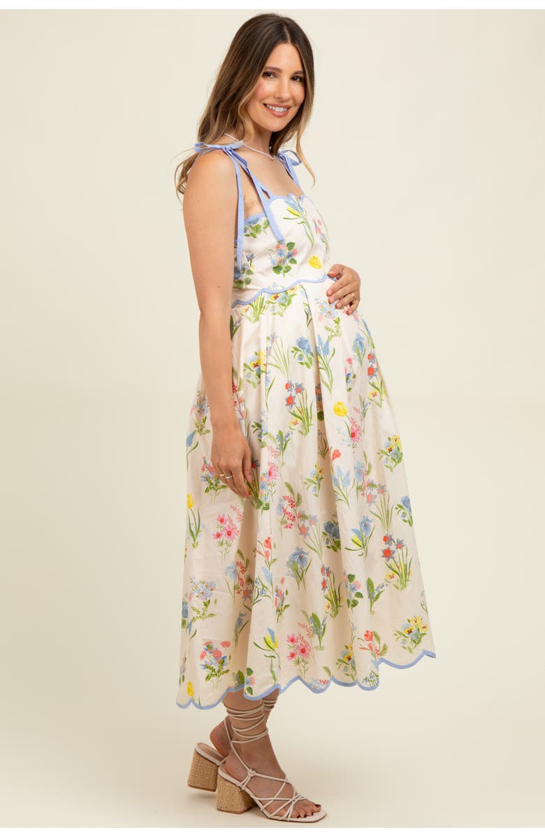 PinkBlush Floral Shoulder Tie Scallop Trim Midi Dress, Alternate, color, Cream