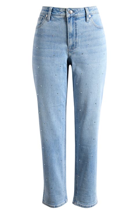 Sparkle Rhinestone Cuffed Ankle Slim Boyfriend Jeans (Venice Sky Wash)