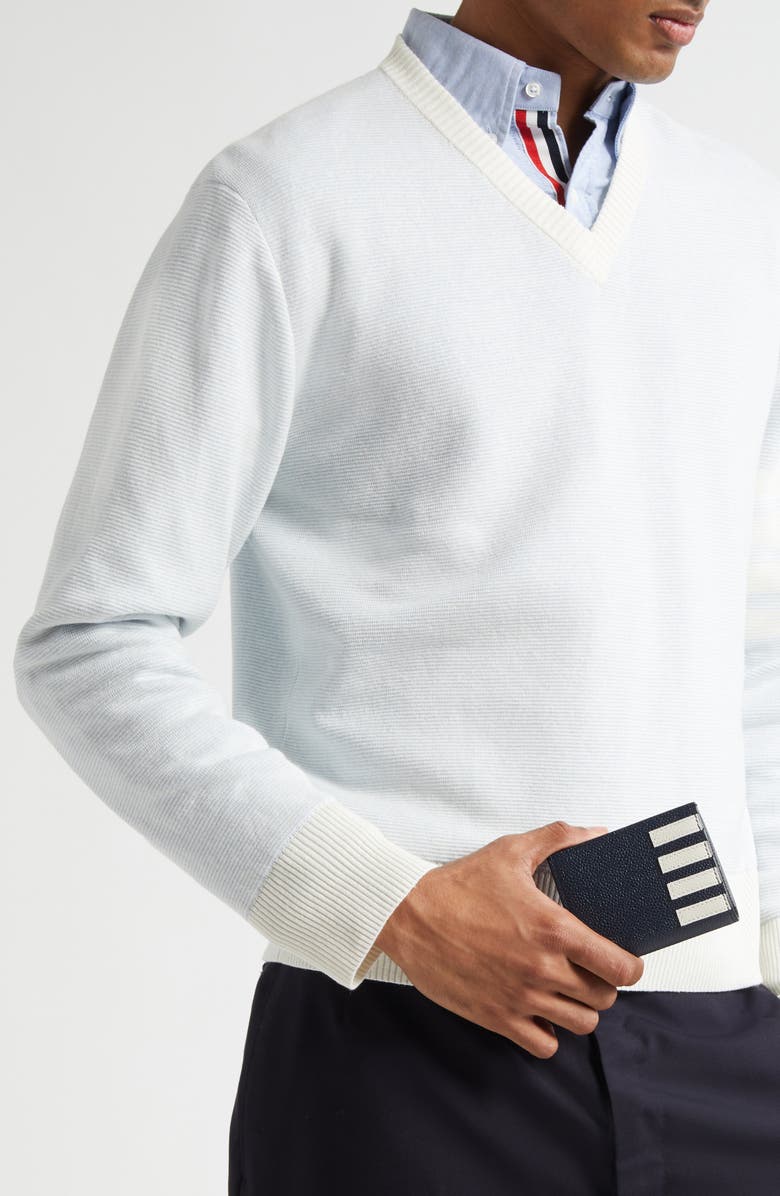 Thom Browne 4-Bar Grained Leather Bifold Card Case, Alternate, color, Navy