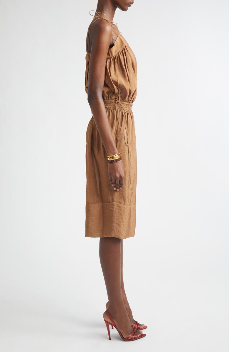 Saint Laurent Shirred Chiffon Satin Dress, Alternate, color, Caramel