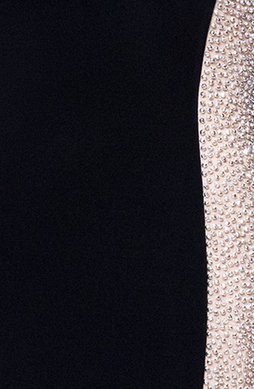 Xscape Evenings Crystal Mesh Detail One-shoulder Sheath Detail In Black/nude/silver