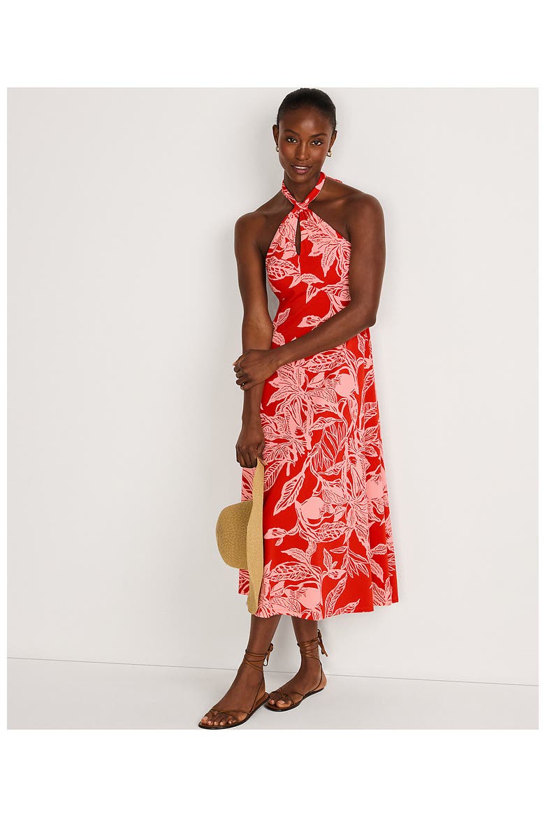 Cotton Modal Halter Midi Dress, Alternate, color, Mandarin Orange Etched Leaves