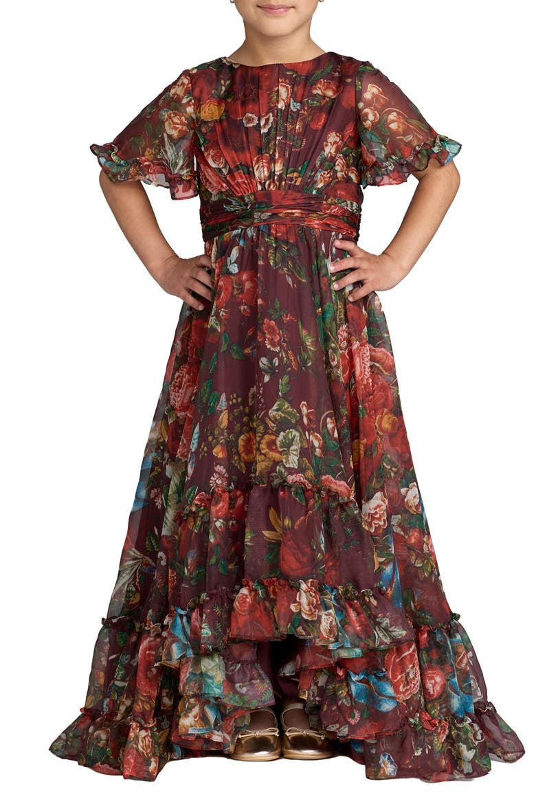 Girls High Neck Ruffle Hi Low Gown, Main, color, Wine Multi