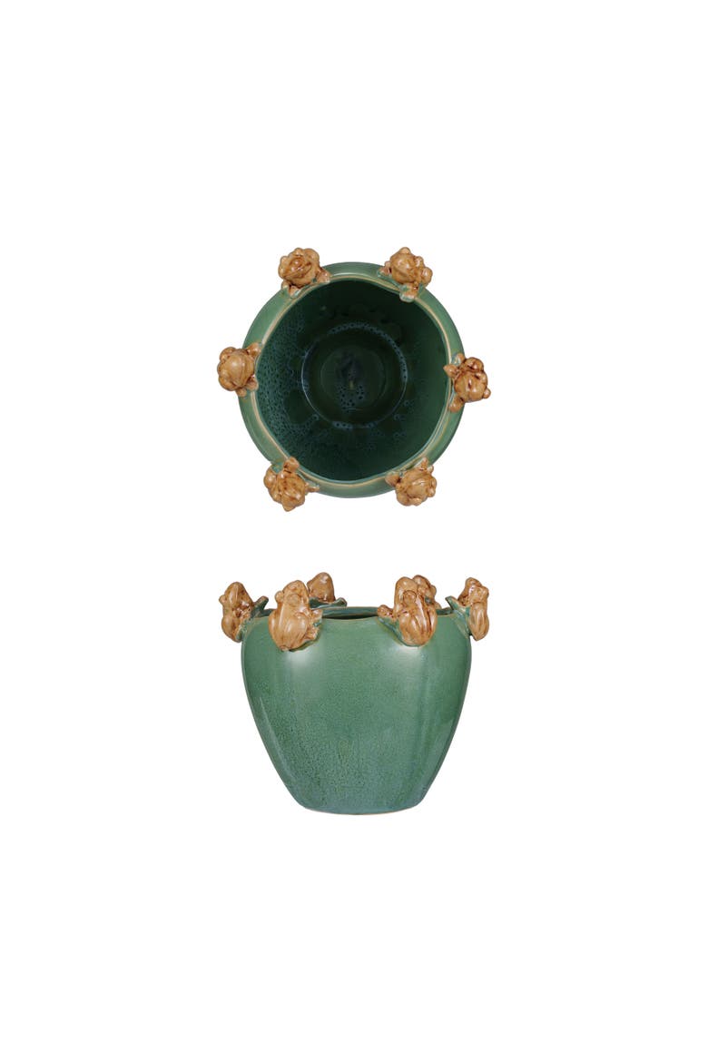 Stoneware Planter with Frogs on Rim and Reactive Glaze, Green and Yellow, Main, color, Green