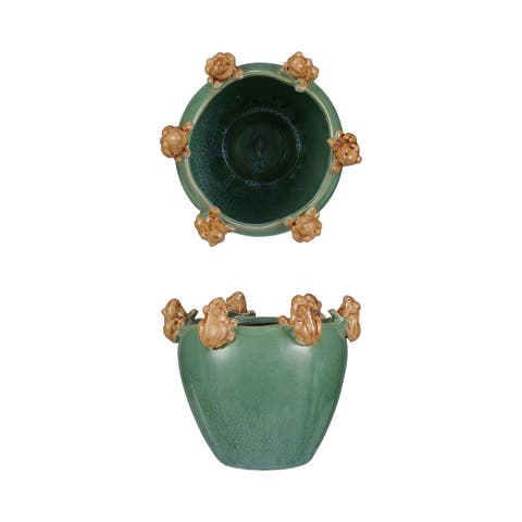 Stoneware Planter with Frogs on Rim and Reactive Glaze, Green and Yellow