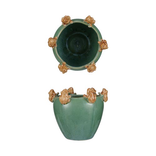 Storied Home Stoneware Planter With Frogs On Rim And Reactive Glaze, Green And Yellow