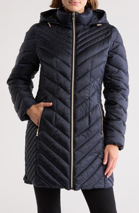 Hooded Chevron Quilted Long Puffer Jacket