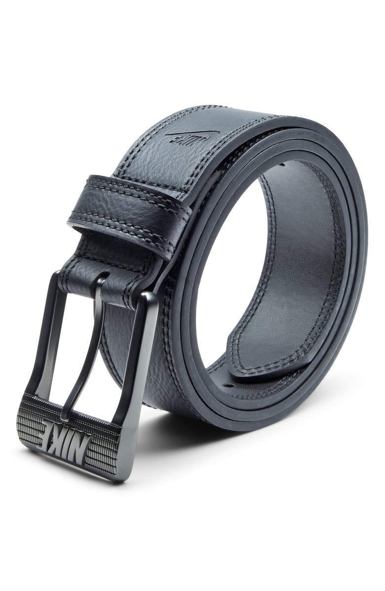 Nike Raised Logo Buckle Faux Leather Belt, Alternate, color, Black