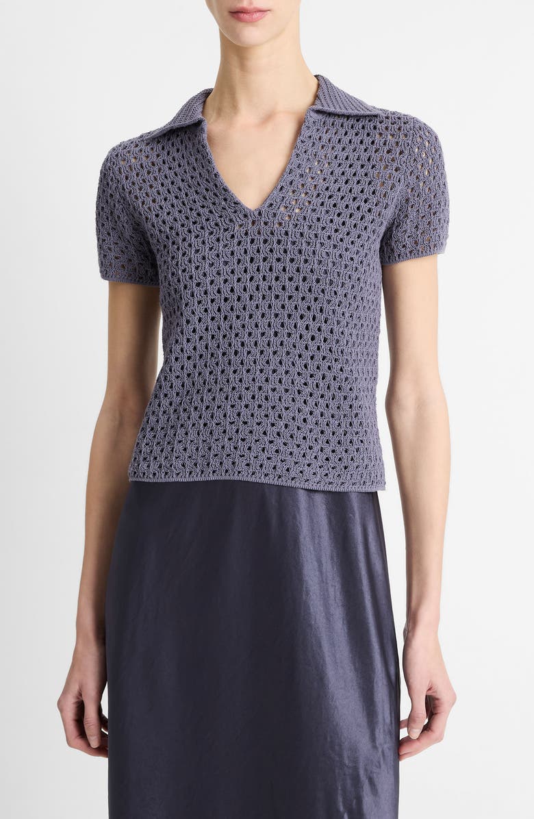 Vince Open Stitch Cotton Johnny Collar Sweater, Main, color, Mauve Thistle