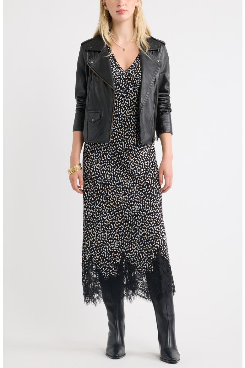 Lace Trim Bias Cut Midi Dress, Alternate, color, BLACK- BLUE MULTI DOT