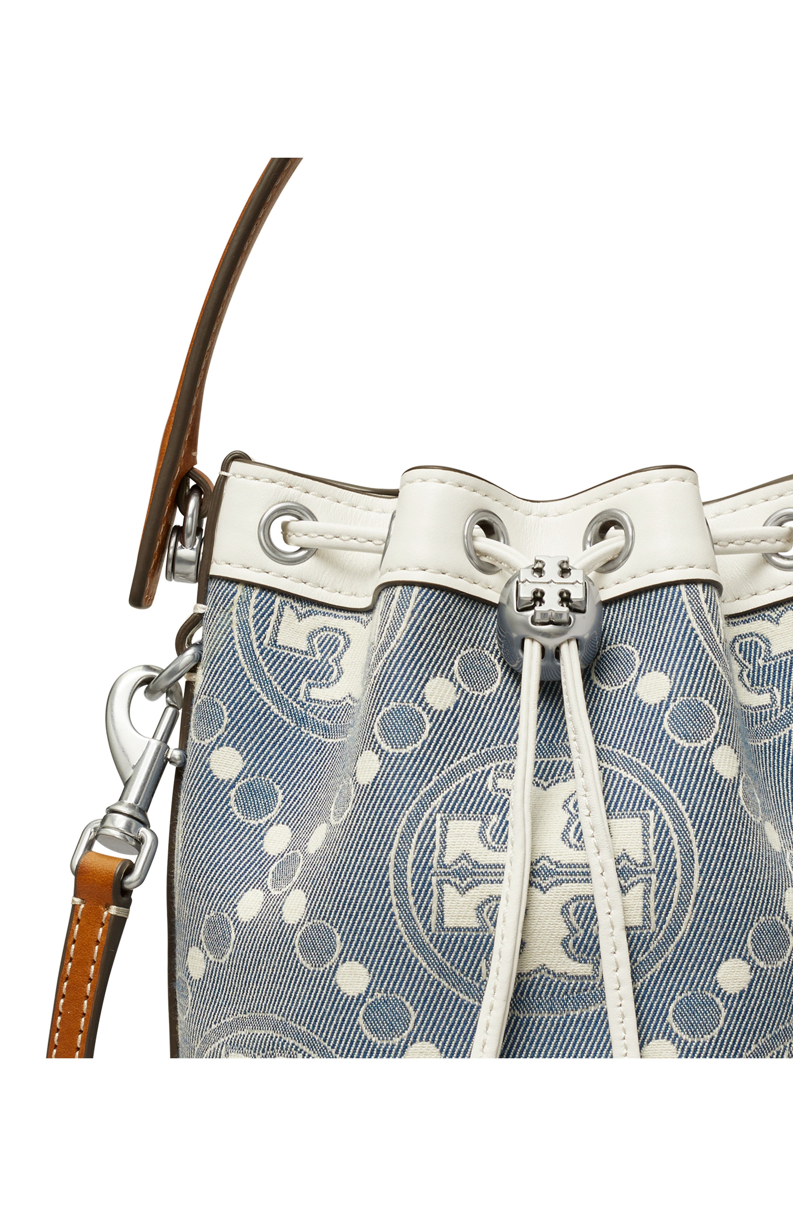 Tory Burch Mini T Monogram Denim Bucket Bag, Alternate, color, 