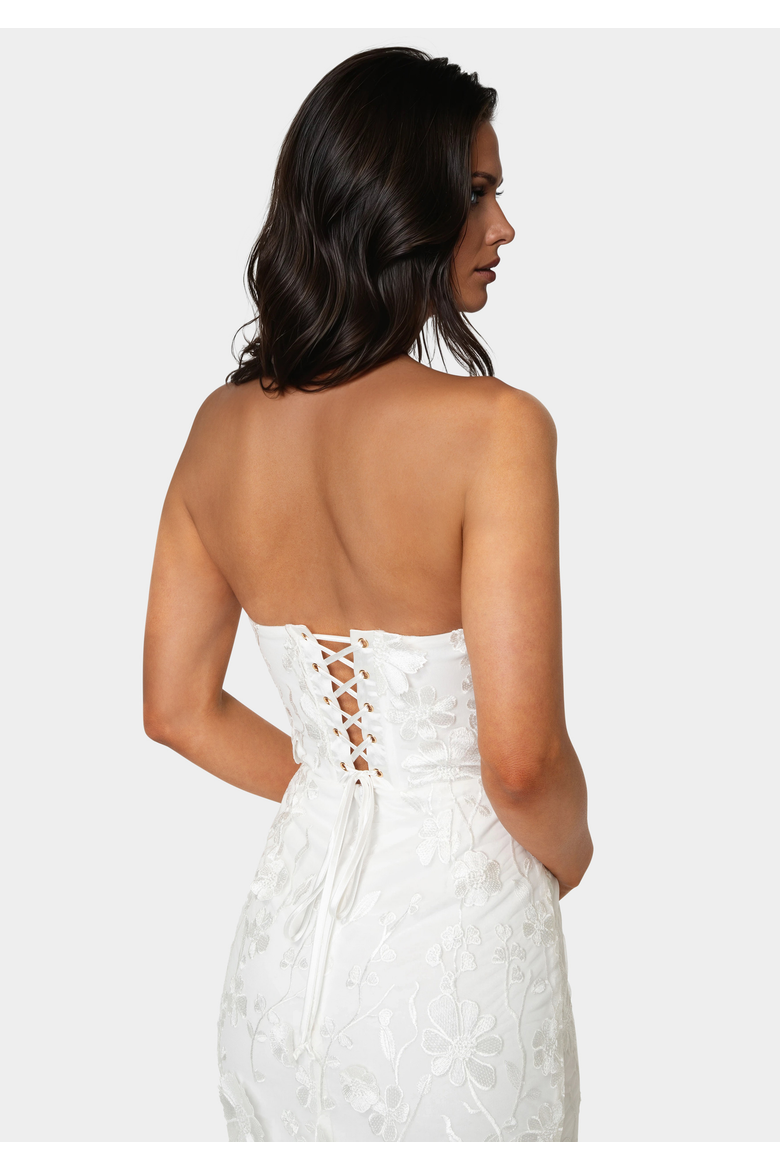 Strapless 3D Lace Column Dress, Alternate, color, White