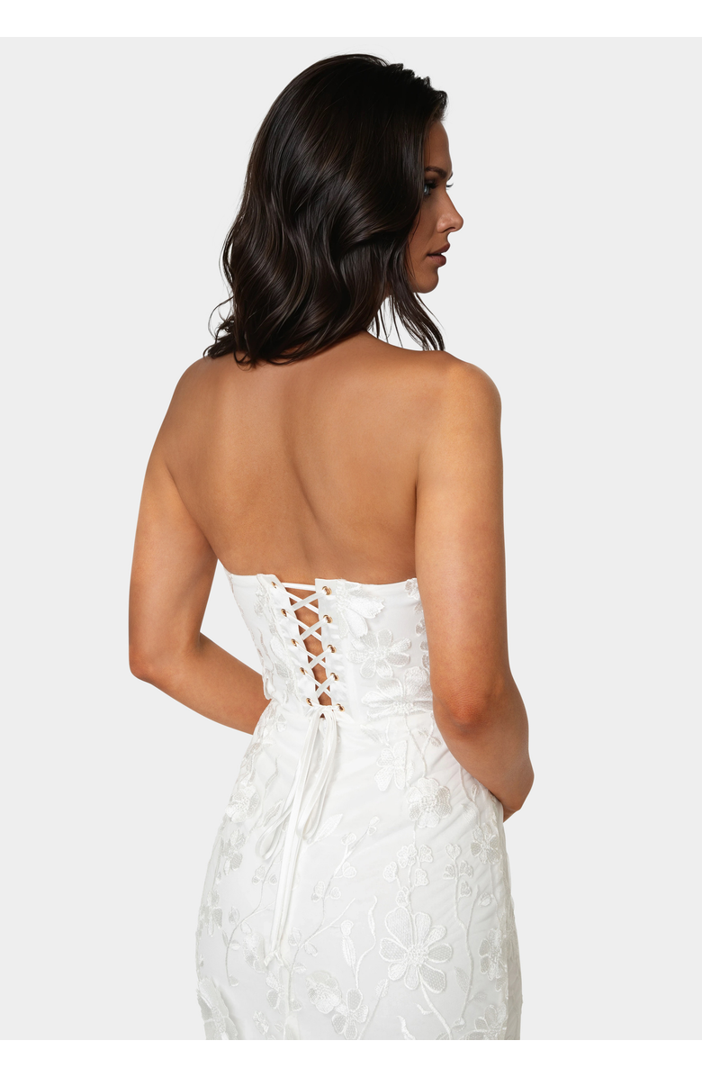 bebe Strapless 3D Lace Column Dress, Alternate, color, White