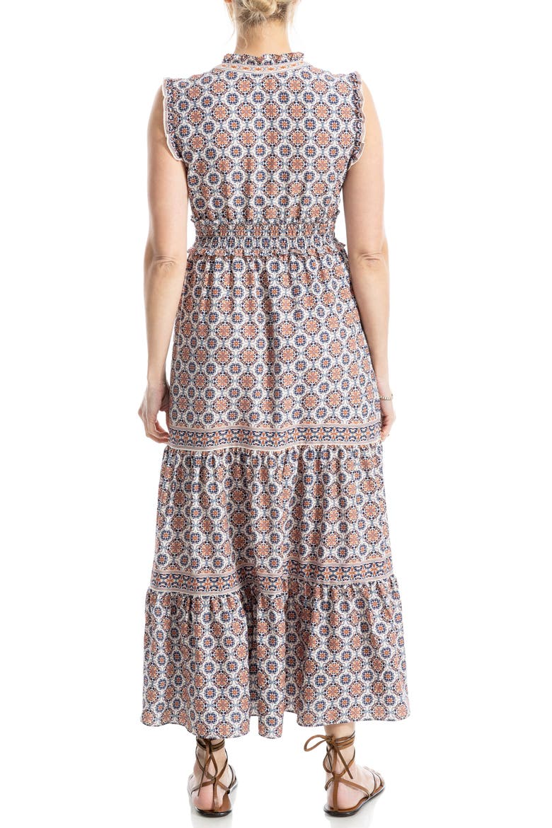 Smocked Fit & Flare Maxi Dress, Alternate, color, CREAM/ BLUE CURVY CUBE