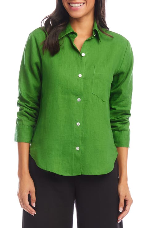 Ruched Sleeve Linen Button-Up Shirt