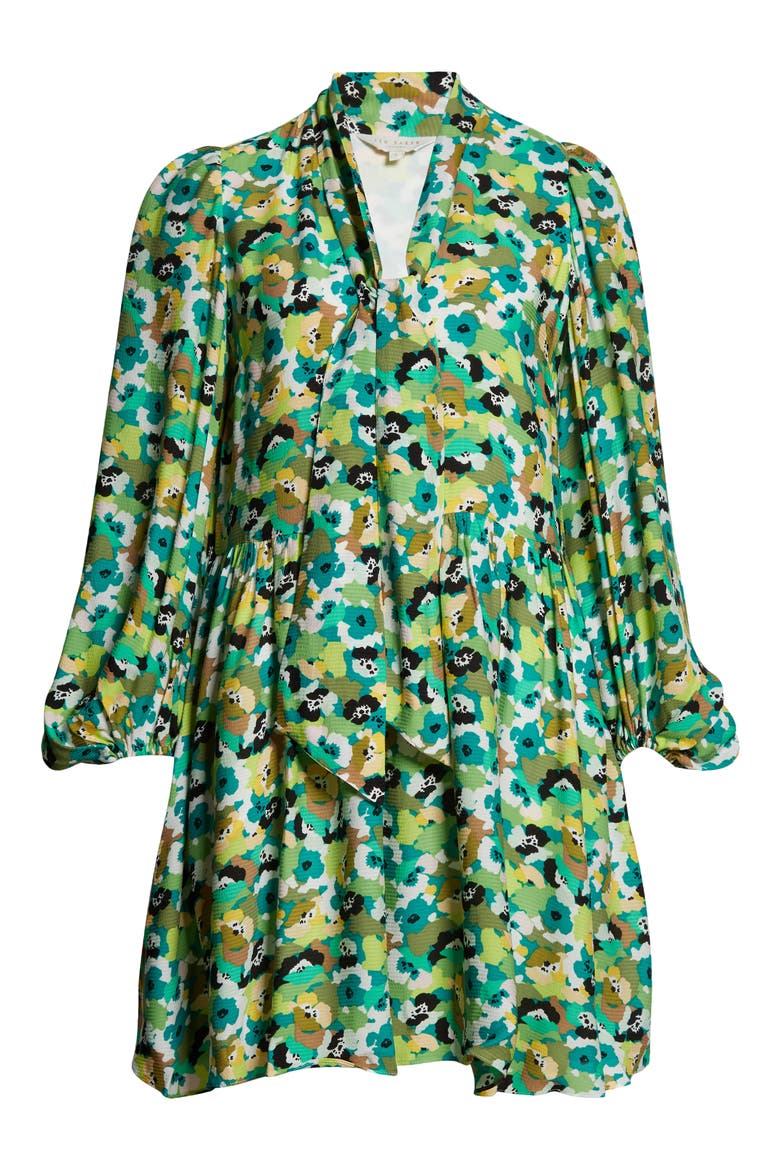 Ilva Tie Neck Long Sleeve Cotton Minidress, Alternate, color, BRIGHT GREEN
