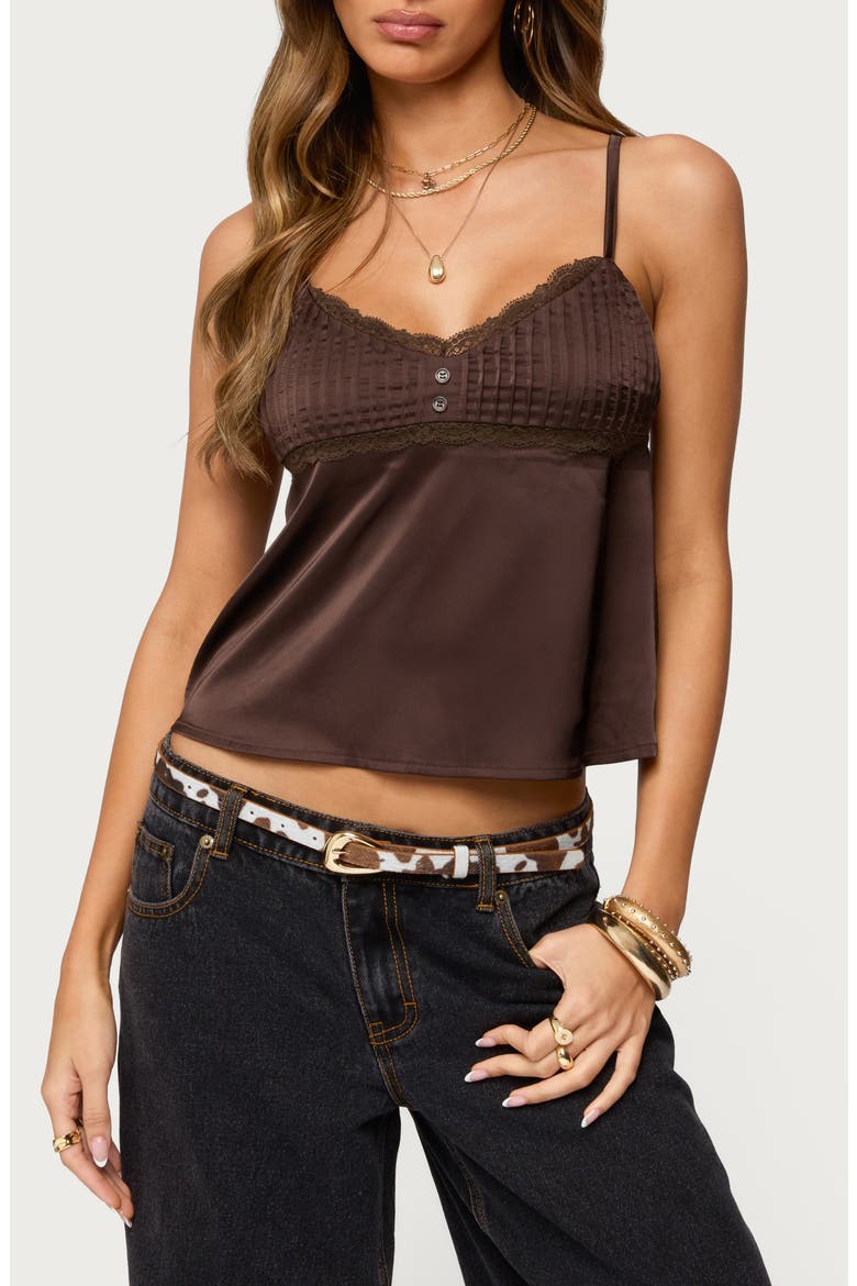 Blanca Lace Trim Satin Camisole, Main, color, BROWN