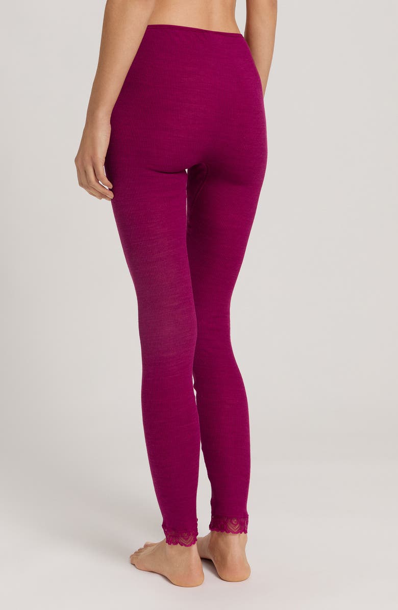 Hanro Lace Trim Merino Wool & Silk Rib Leggings, Alternate, color, Pink Tourmaline