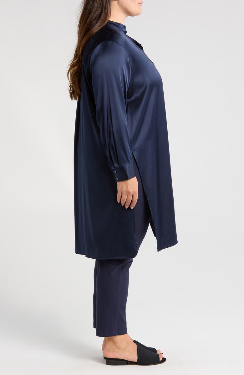 Eileen Fisher Band Collar Longline Stretch Silk Button-Up Shirt, Alternate, color,