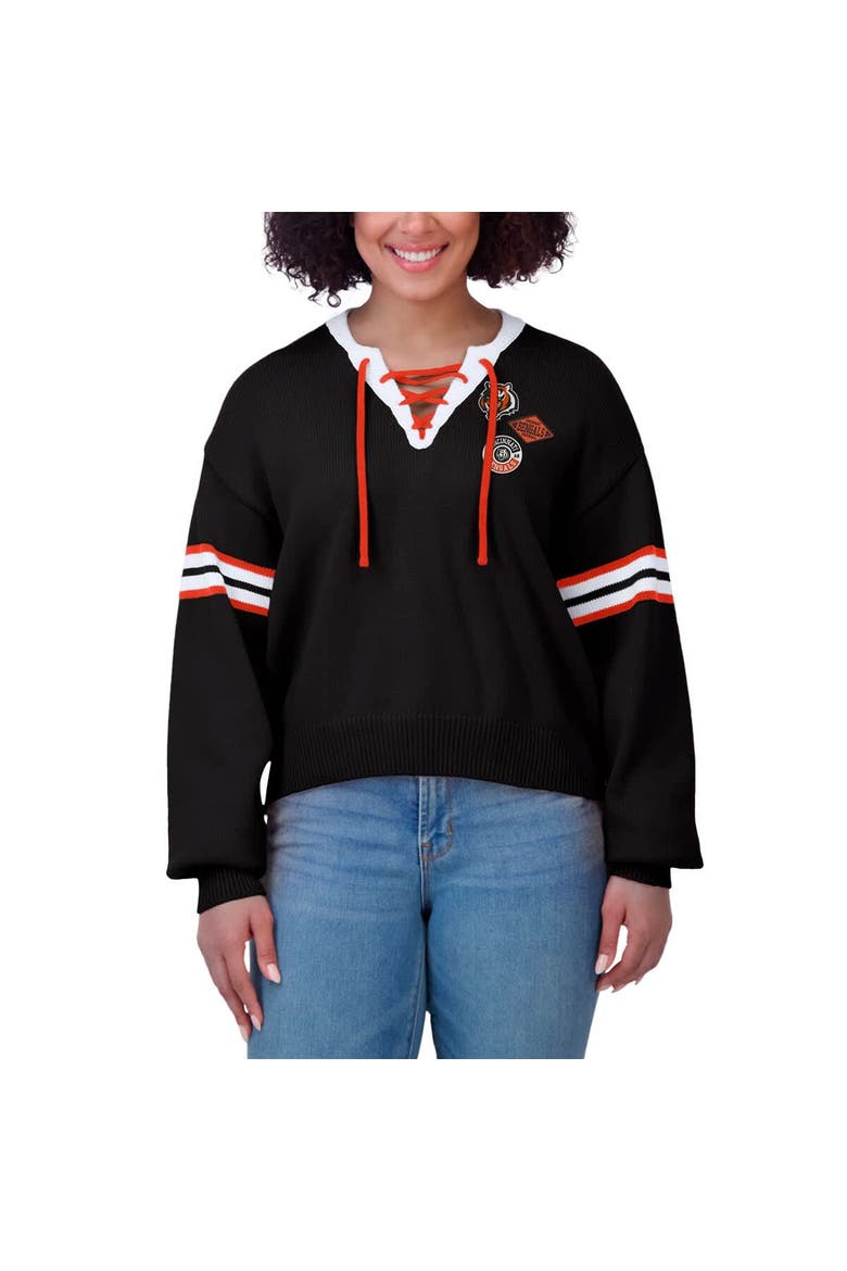 Women's WEAR by Erin Andrews Black  Cincinnati Bengals Lace-Up Sweater, Alternate, color, Black