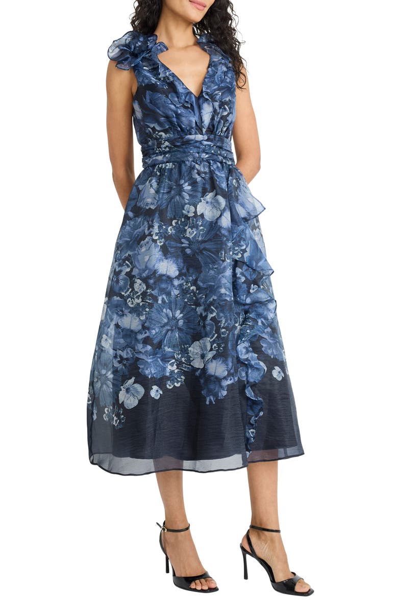 Maggy London Ruffle V-Neck Organza Cocktail Dress, Alternate, color, Navy/ Midnight Grey