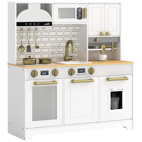 Kids Play Kitchen Set with Sink, Stove, Coffee Maker, Ice Maker, Oven, White