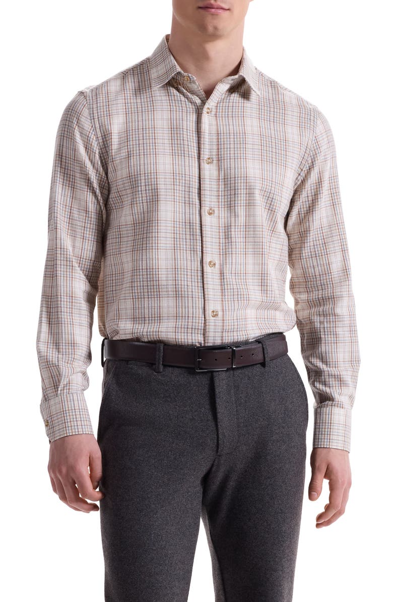 Bugatchi Karl Shaped Fit Plaid Cotton Button-Up Shirt, Main, color, Camel