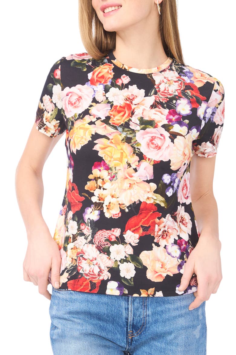 Floral Print T-Shirt, Main, color, RICH BLACK