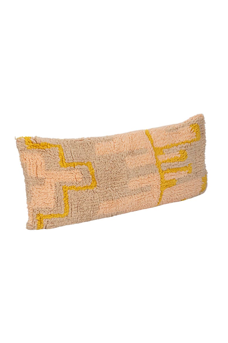 New Zealand Wool Shag Lumbar Pillow with Design and Cotton Back, Pink, Yellow and Cream, Main, color, Tan
