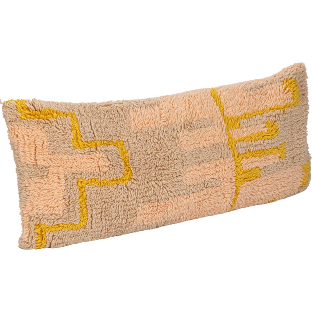 Storied Home New Zealand Wool Shag Lumbar Pillow With Design And Cotton Back, Pink, Yellow And Cream In Neutral