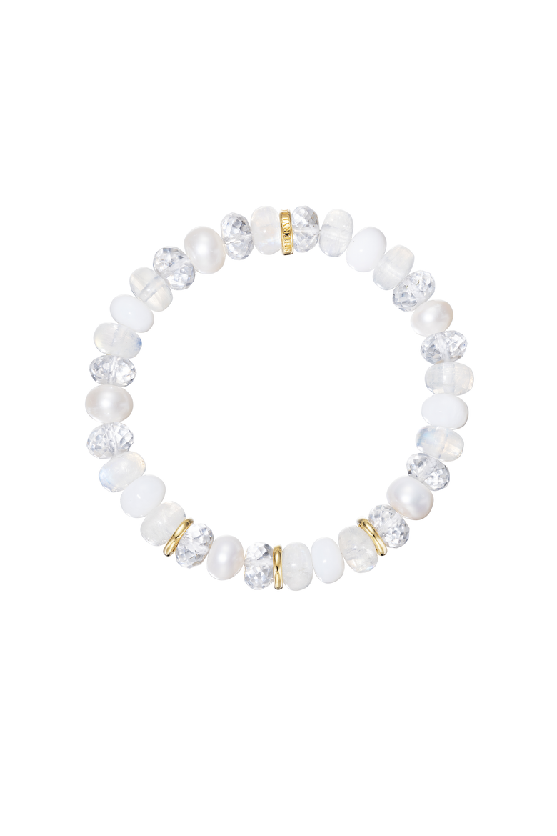 White Mix Bracelet with 3 Solid YG Rondelles, Alternate, color, White Mix / Sterling Silver
