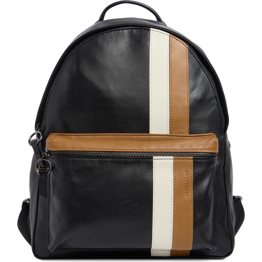 Longchamp Stripe Faux Leather Backpack In Black