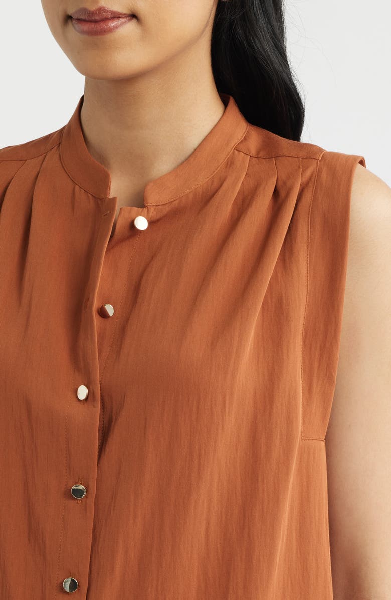 Anne Klein Pleated Sleeveless Button-Up Shirt, Alternate, color, Cedar Spice