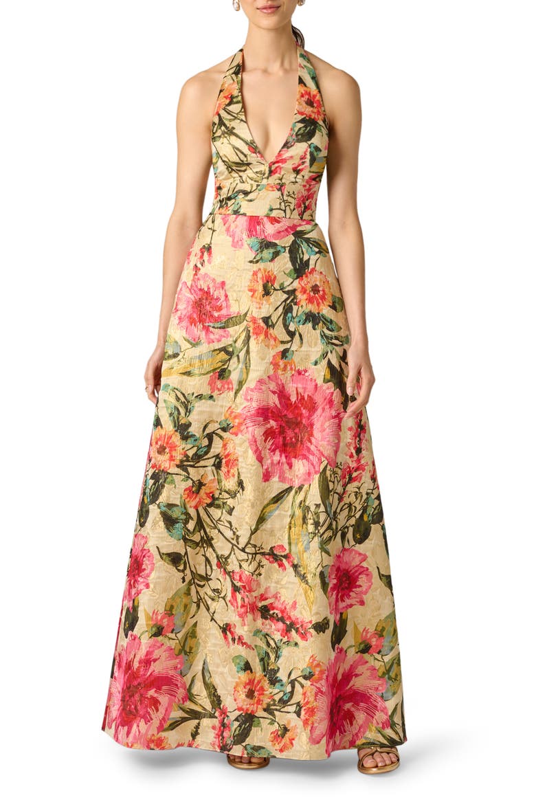 Metallic Floral Jacquard Halter Neck Gown, Main, color, PINK MULTI