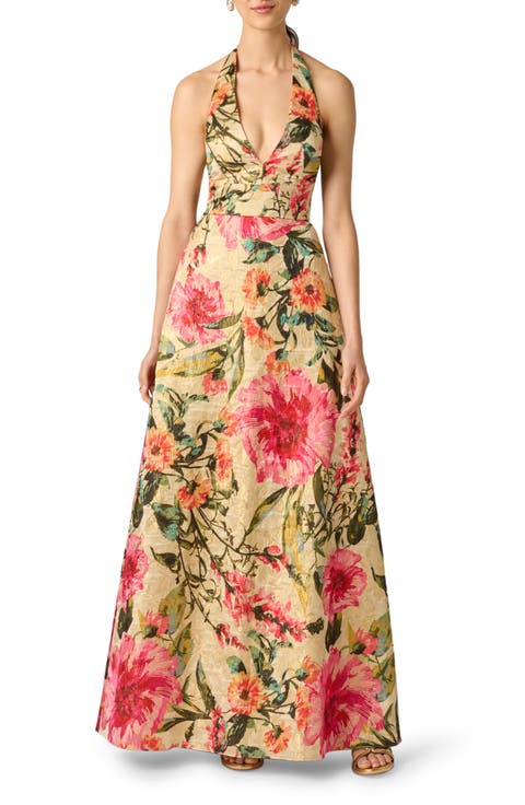 Metallic Floral Jacquard Halter Neck Gown