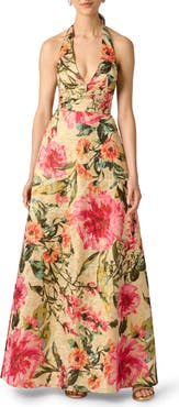 Aidan Mattox Metallic Floral Jacquard Halter Neck Gown
