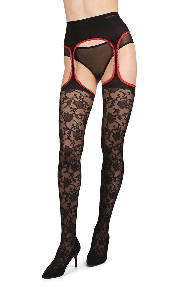 Secret Garden Suspender Tights, Alternate, color, BLACK-RED