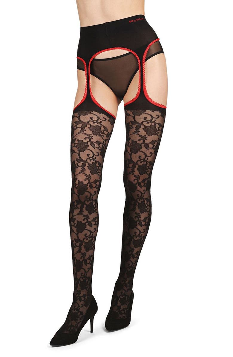 MeMoi Secret Garden Suspender Tights, Alternate, color, Black-Red