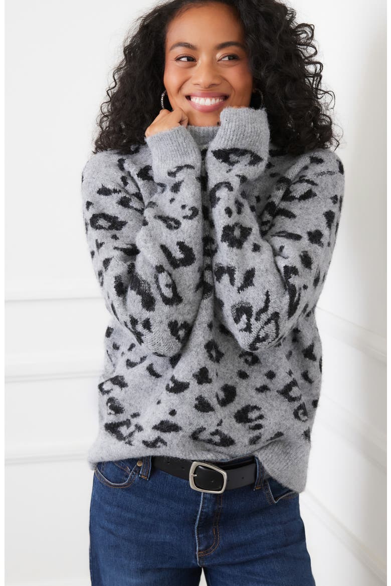 Metallic Leopard Crewneck Sweater, Alternate, color, GRAY WITH BLACK
