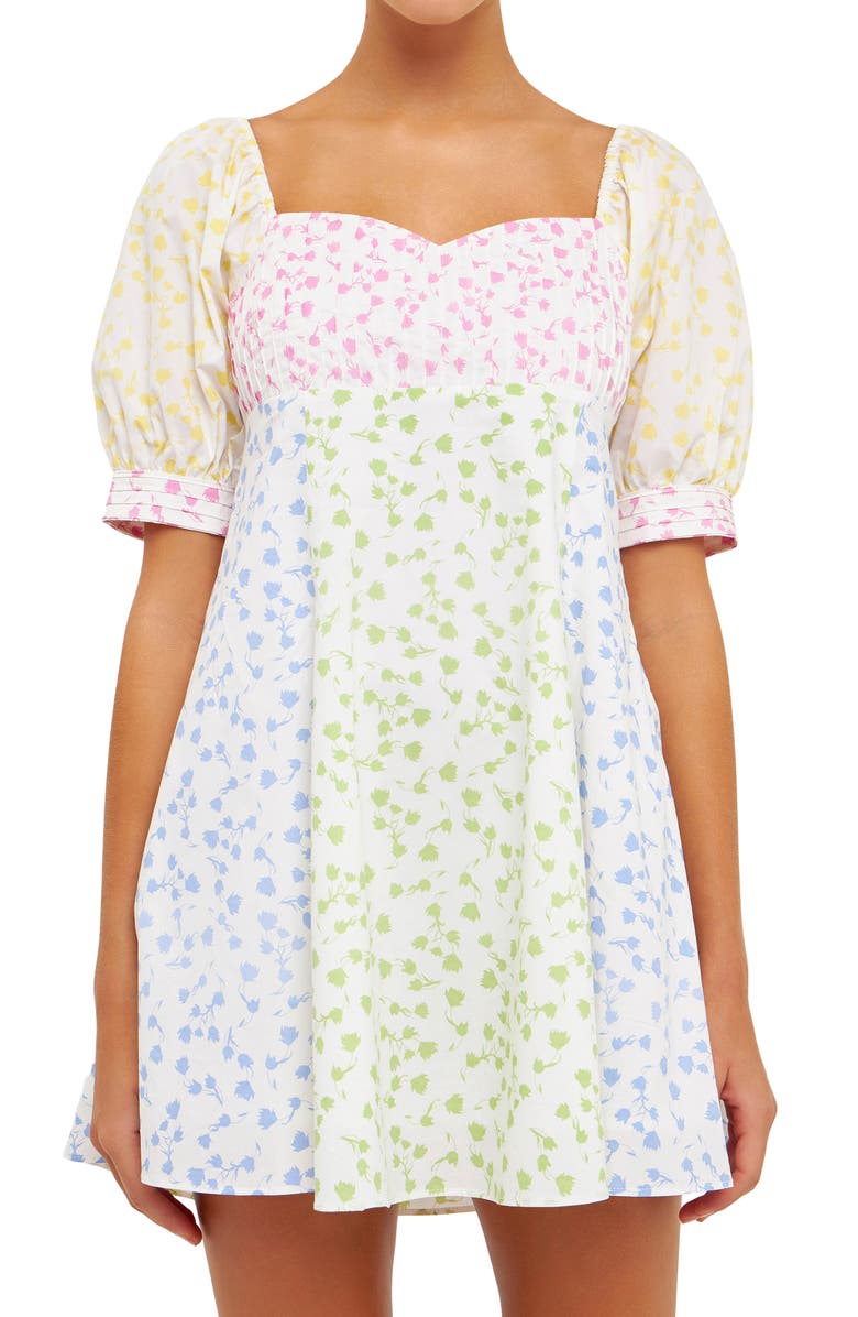 English Factory Floral Puff Sleeve Minidress, Alternate, color, White Multi