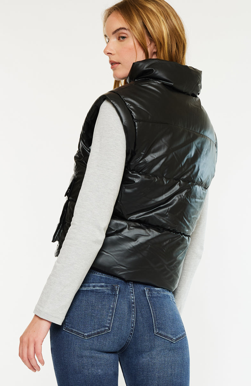 Kancan Obsidian Cropped Faux Leather Puffer Vest In Black