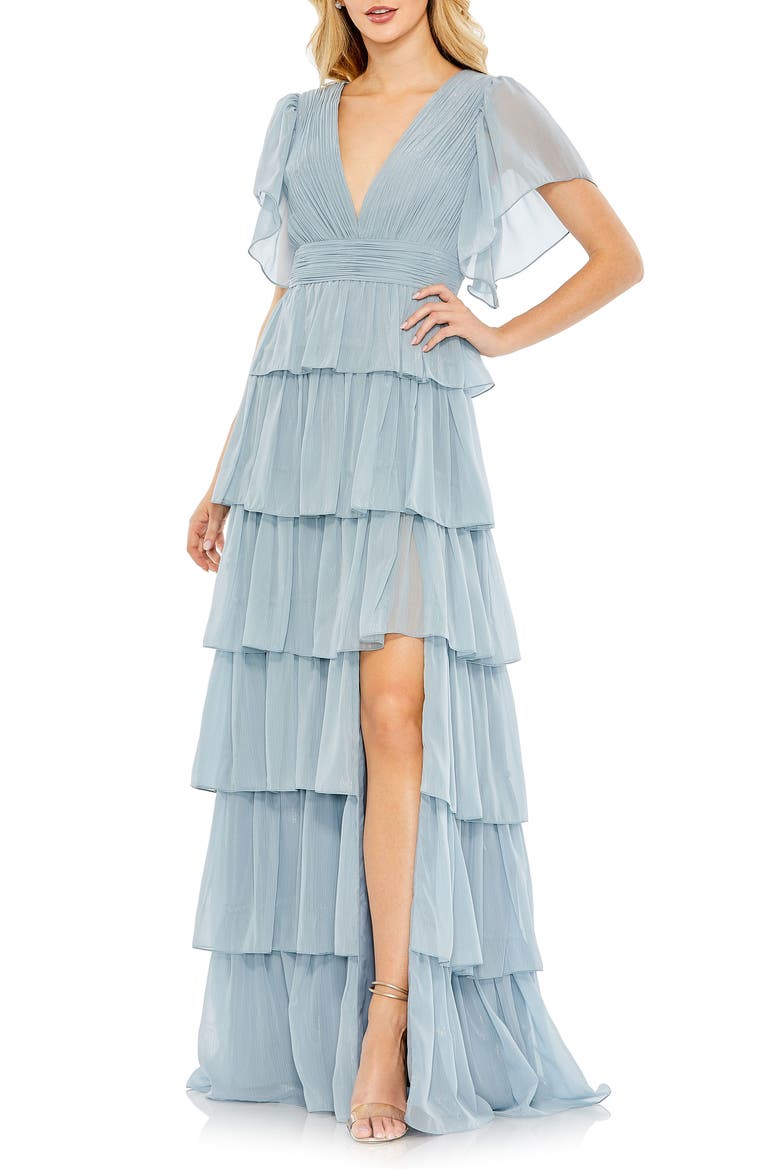 Women's Flutter Sleeve Tiered Ruffle Chiffon Gown, Main, color, SLATE BLUE