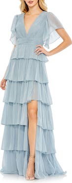 Ieena for Mac Duggal Women's Flutter Sleeve Tiered Ruffle Chiffon Gown