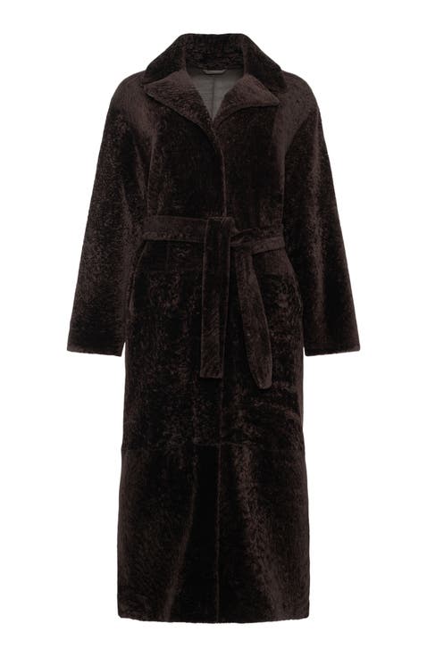 Reversible Textured Genuine Shearling Coat with Side Slits, Belt