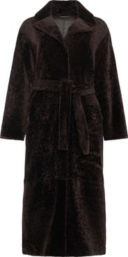 GORSKI Reversible Textured Genuine Shearling Coat with Side Slits, Belt